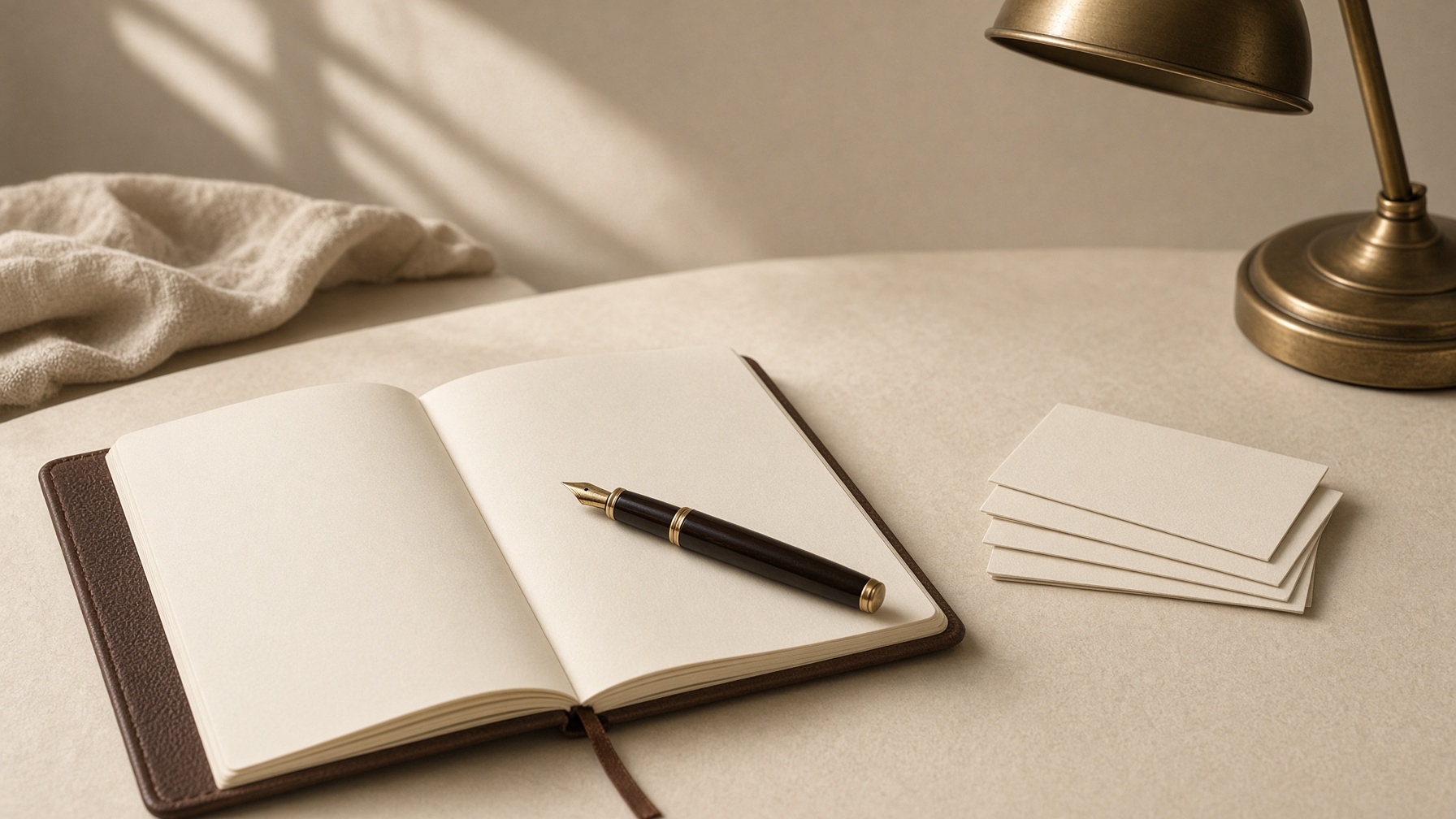 Cuaderno abierto, pluma y fichas en blanco sobre un escritorio de papel.