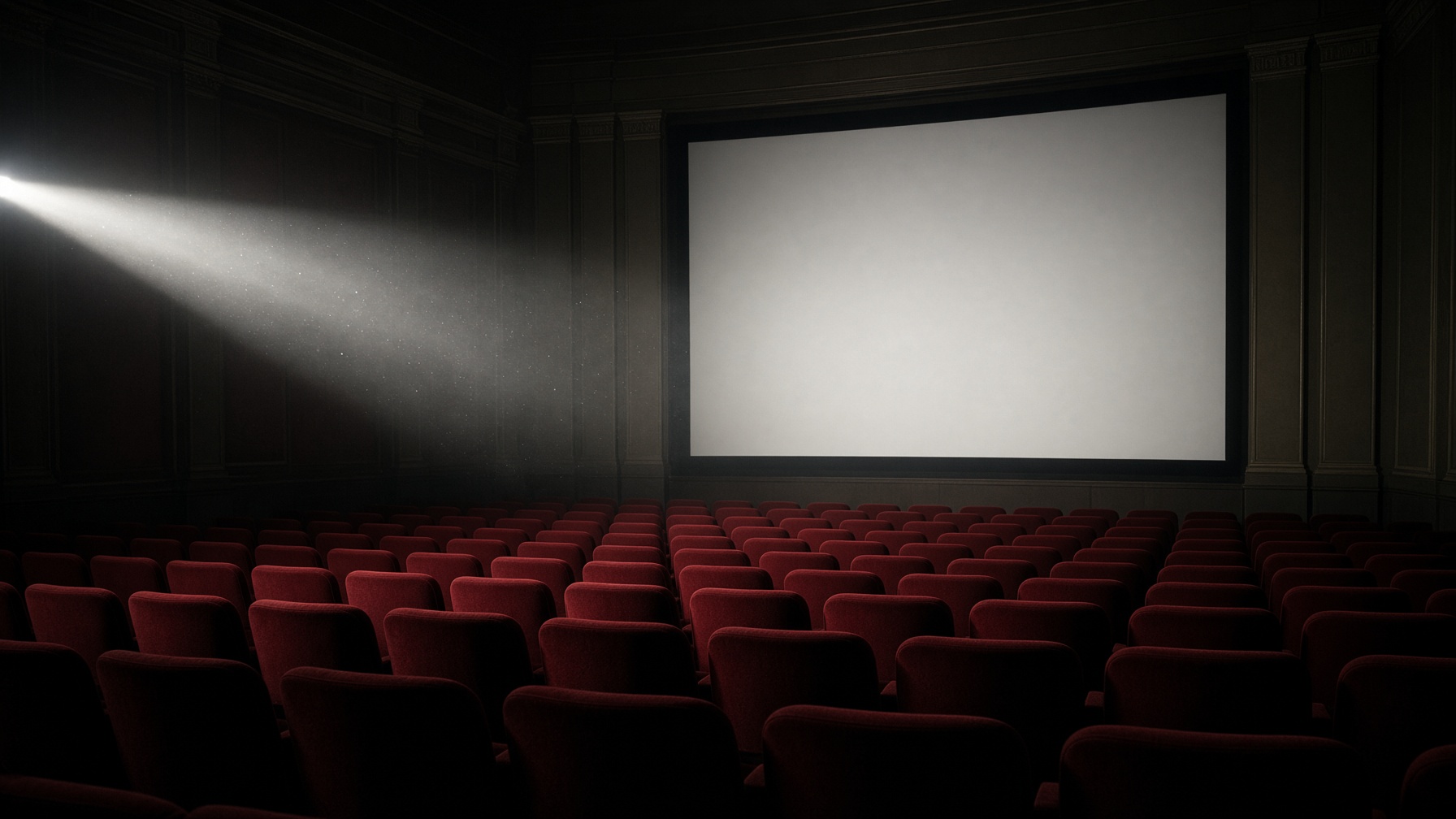Sala de cine vacía, el haz del proyector sobre una pantalla en blanco.