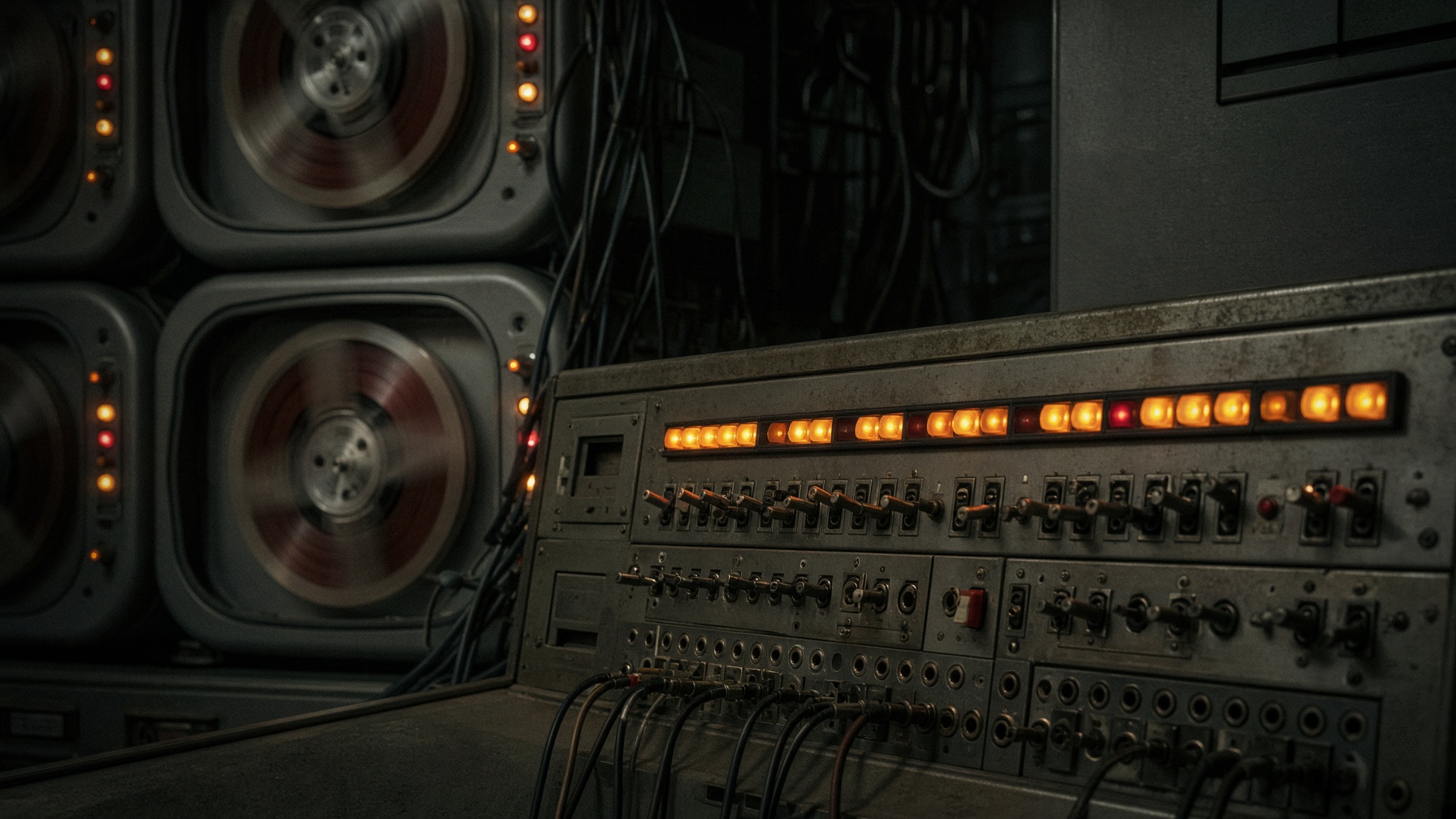 Panel de un mainframe de los setenta, lámparas ámbar y cintas.