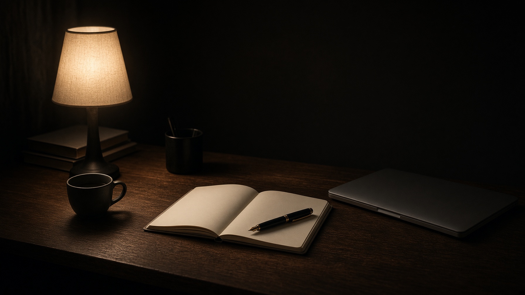 Cuaderno en blanco y pluma bajo una lámpara, de noche.
