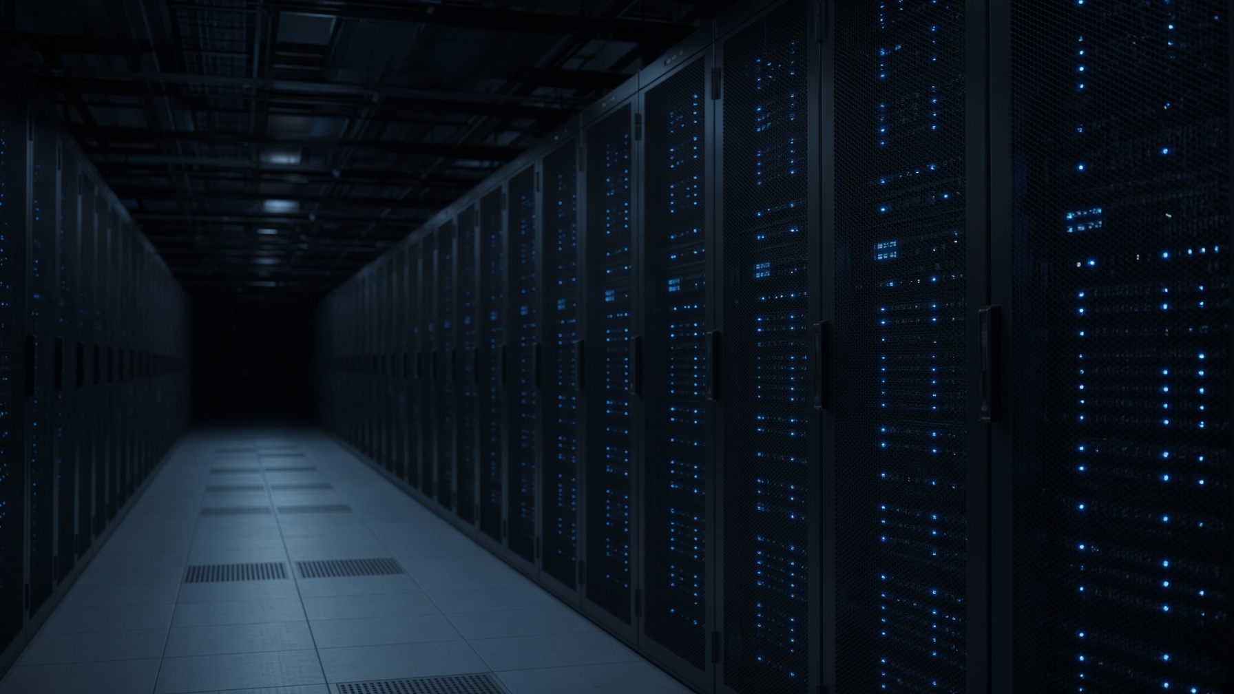 Pasillo de un centro de datos de noche, solo luces de los racks.