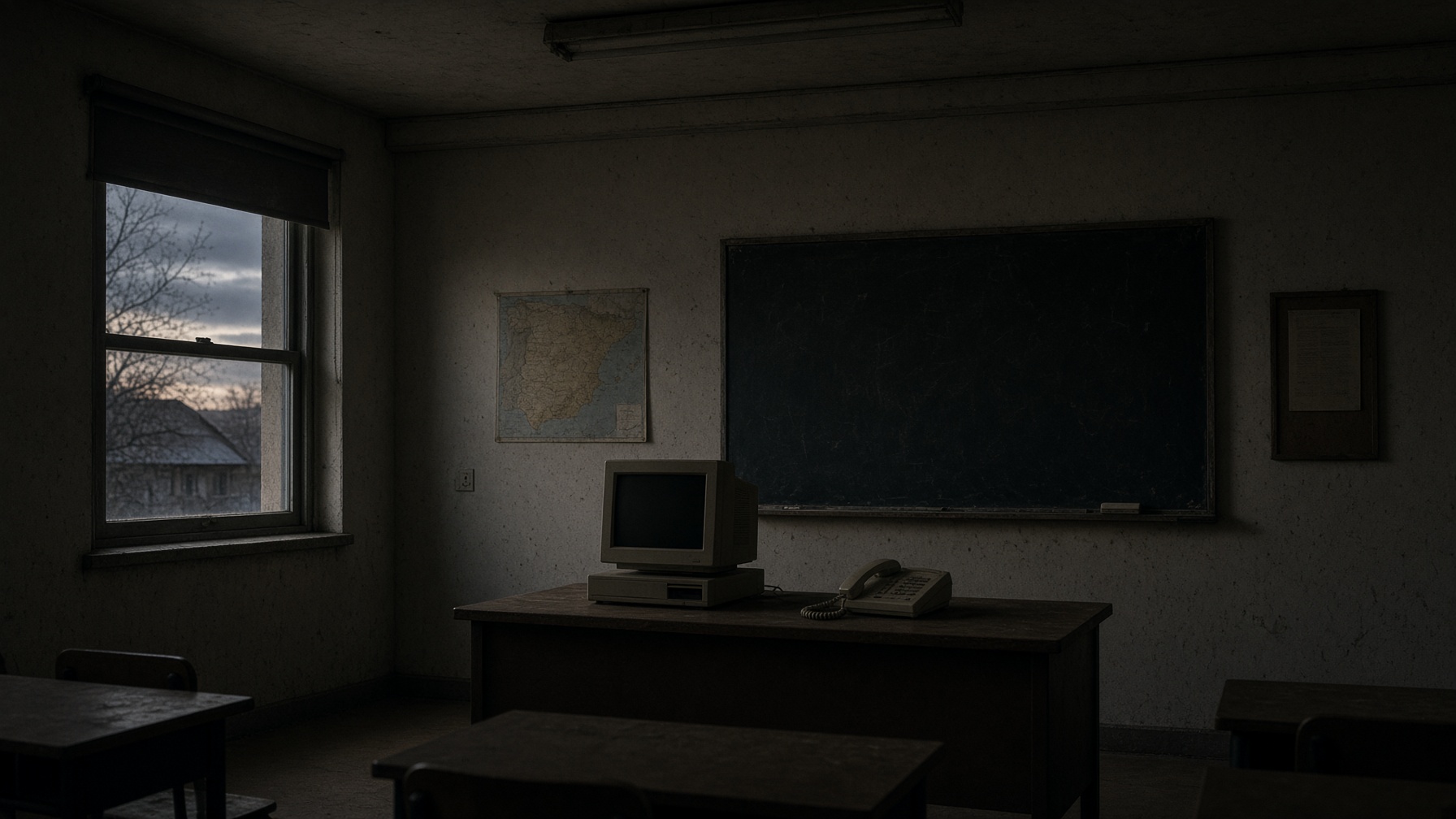 Aula vacía al anochecer, un teléfono y un ordenador sobre la mesa del profesor.